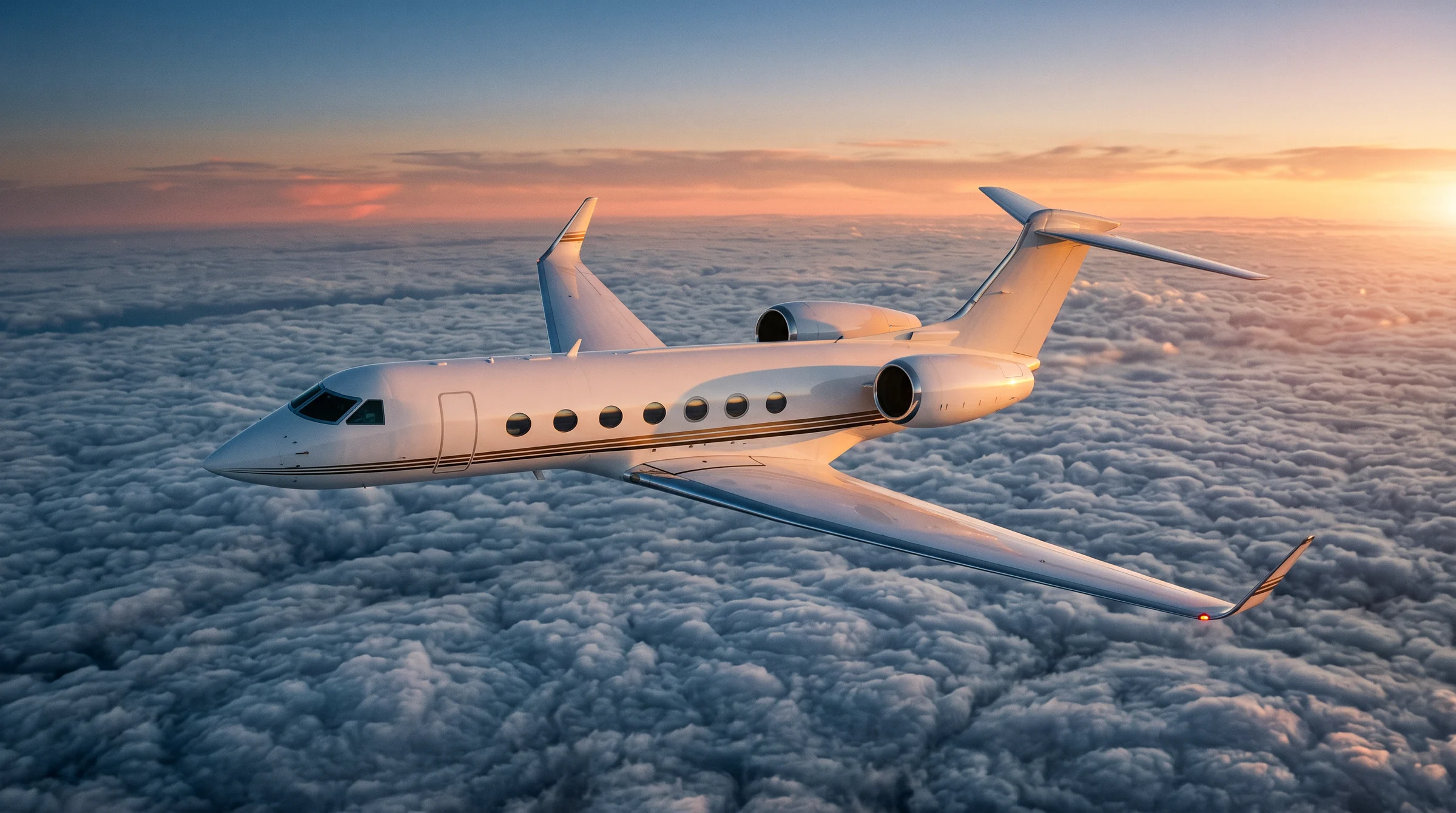 A business jet cruising above a sea of clouds at sunset