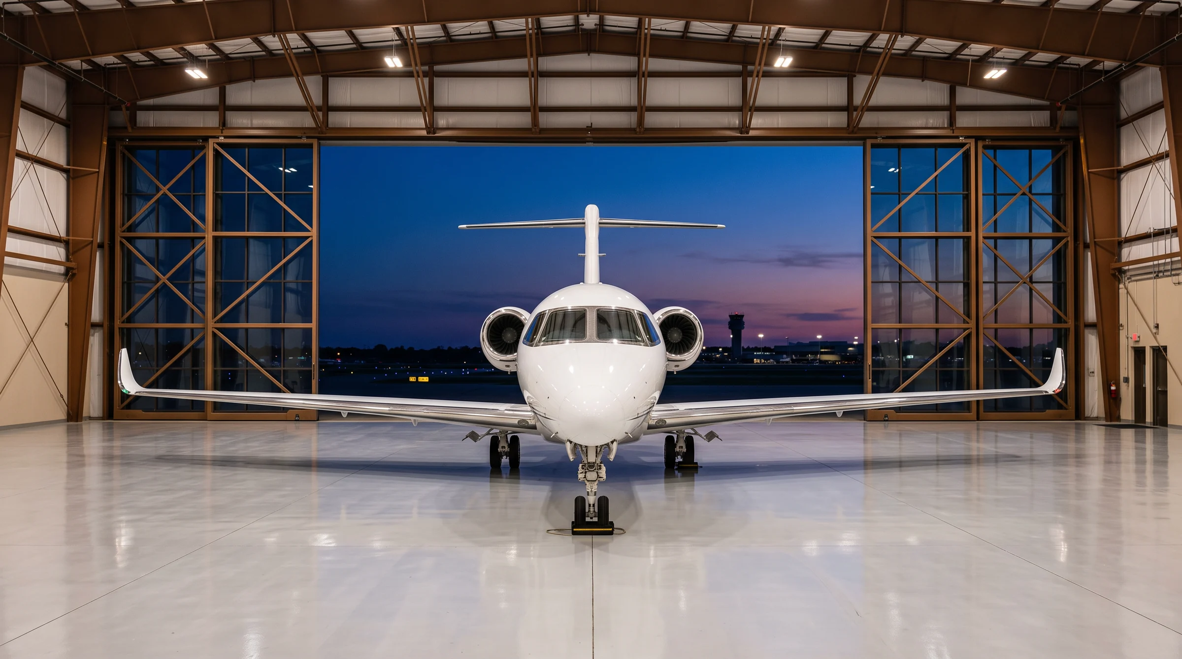 A business jet parked in an immaculate hangar at dusk
