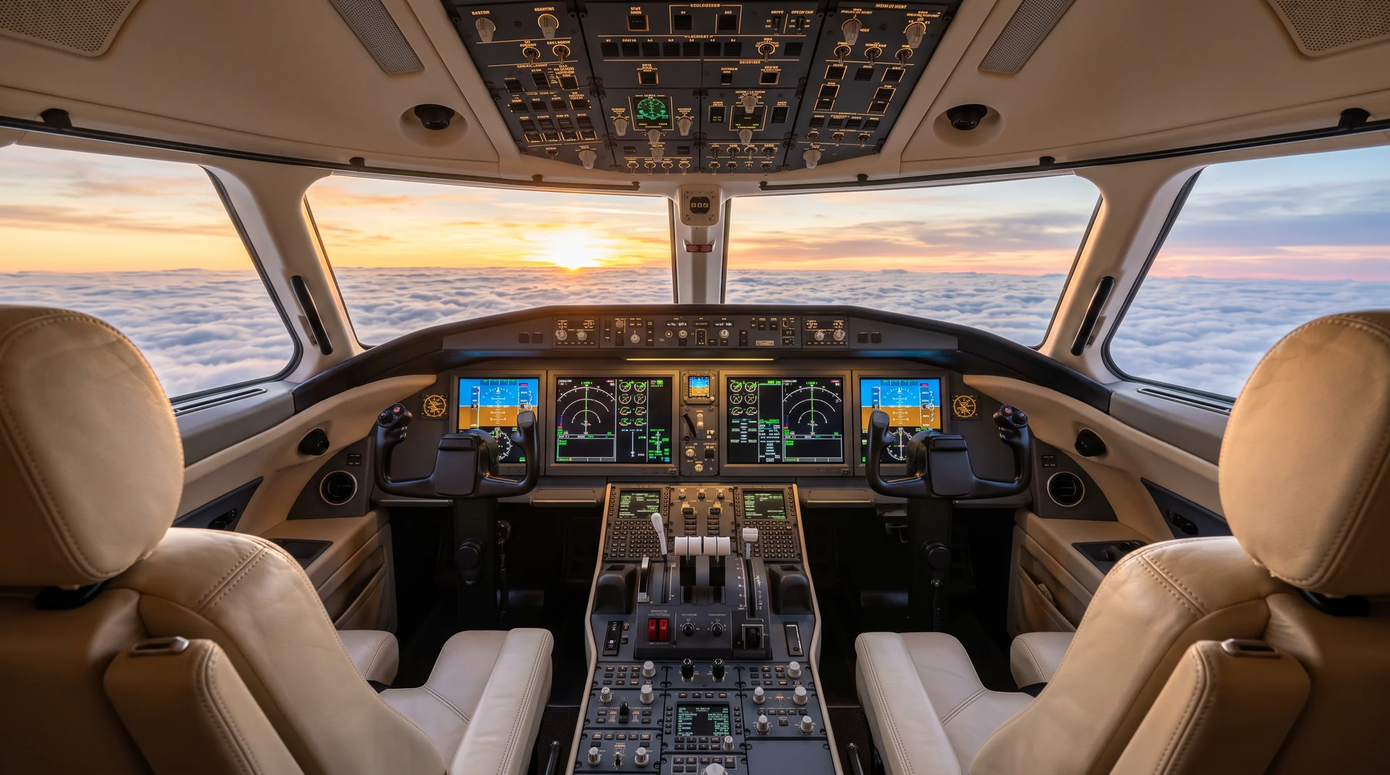 A business jet flight deck at sunrise above the clouds