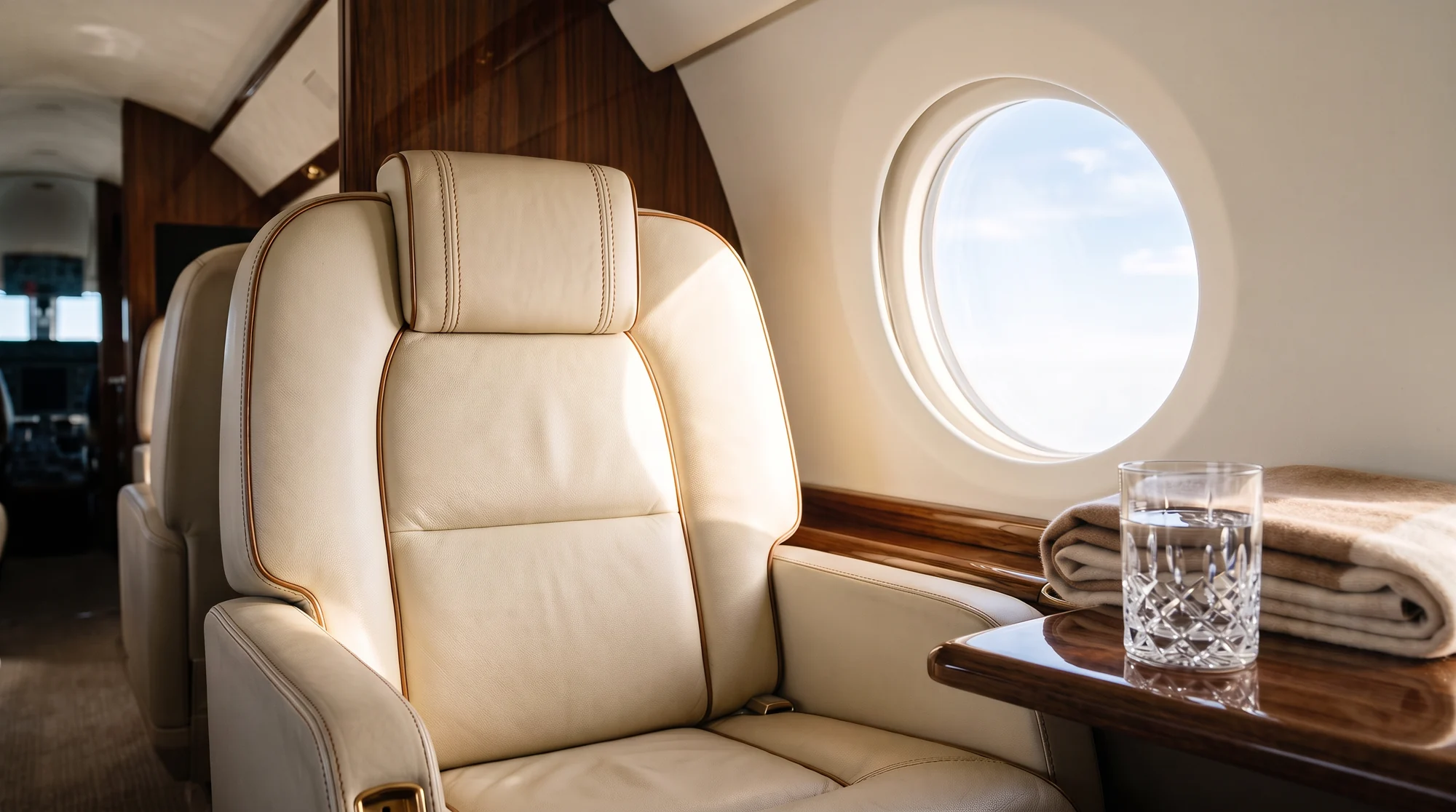 A cream leather cabin seat beside a round cabin window