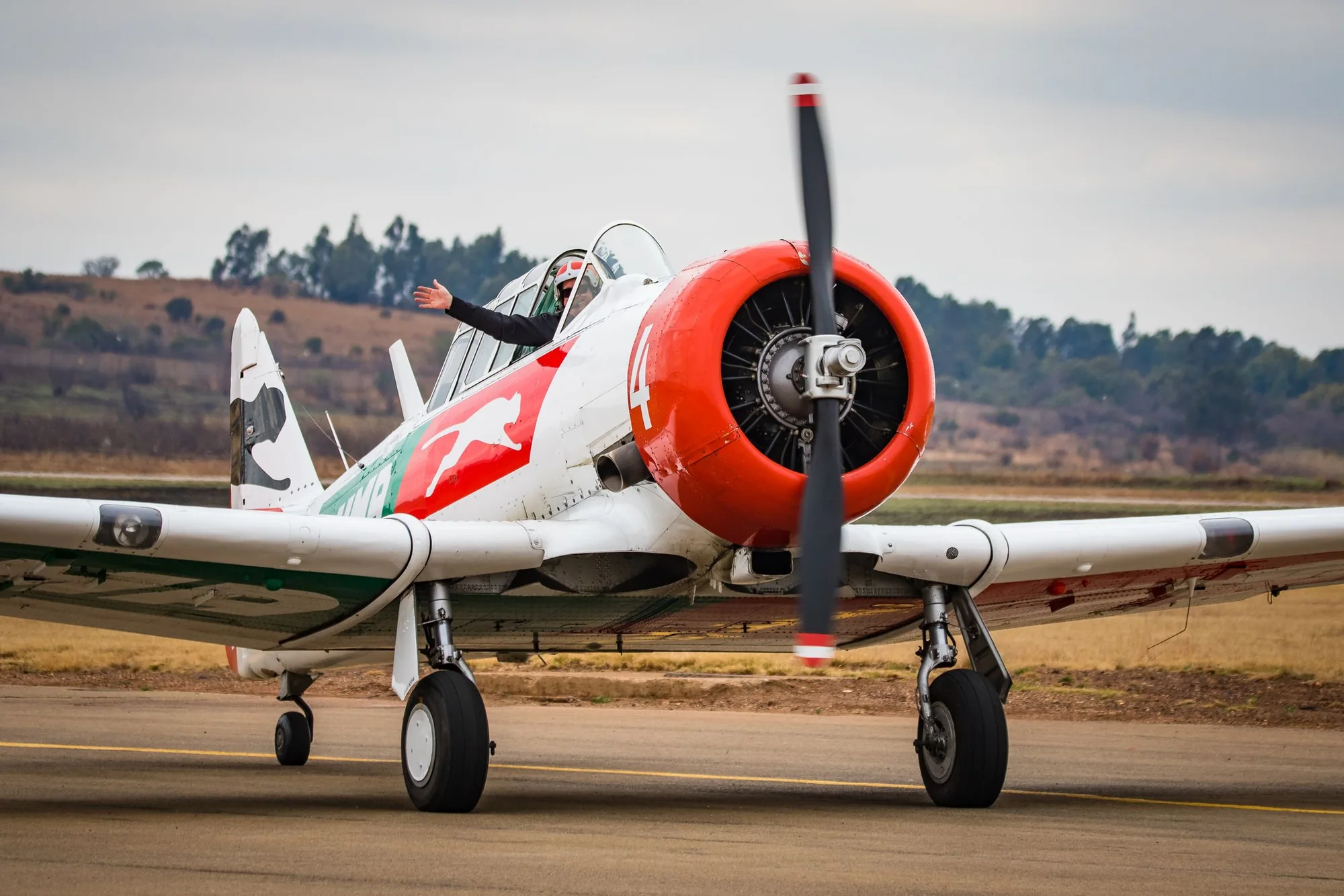 A classic tandem-seat trainer with a red cowling
