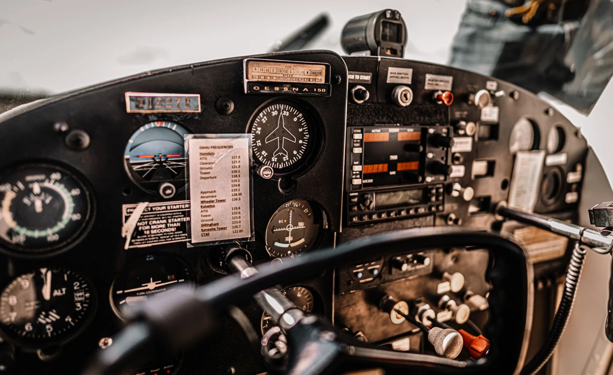 The control yokes and instrument panel of a light training aircraft